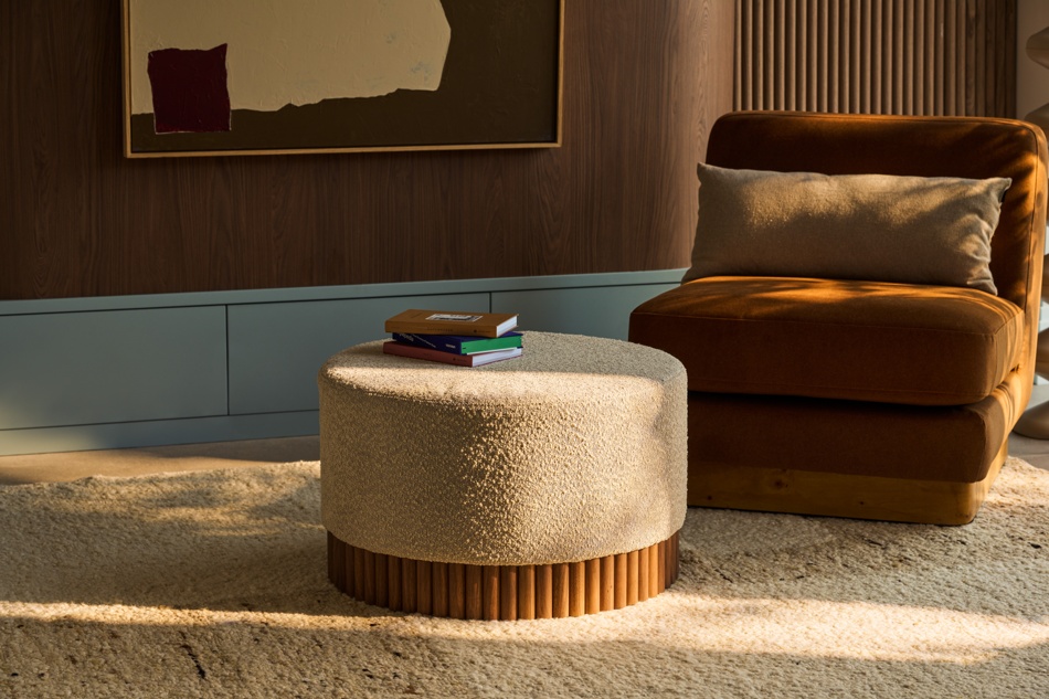 Oberon Footstool | Speckled Cappuccino Boucle & Walnut