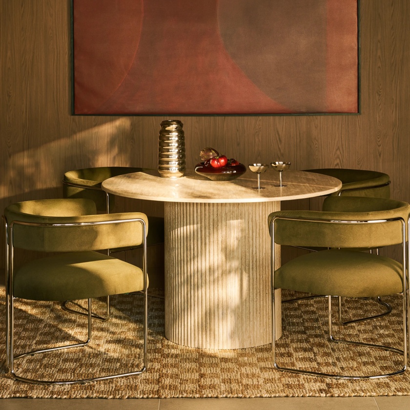 Santoria 4 Seat Round Dining Table | Natural Travertine Effect Sintered Stone