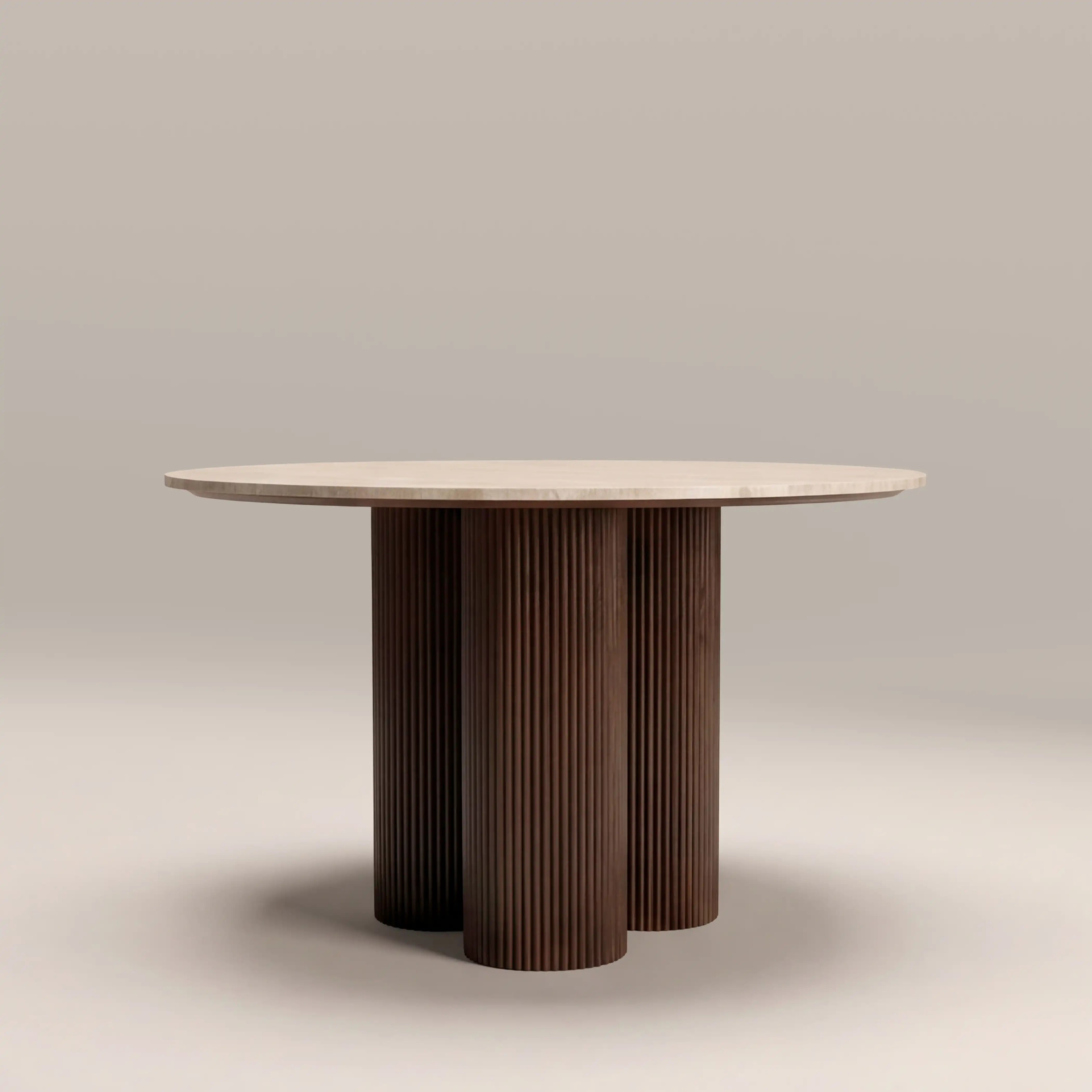 Skylar 4 Seat Round Dining Table | Natural Travertine & Smoked Walnut