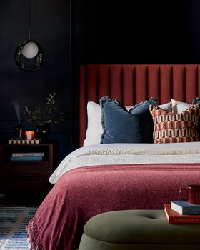 Danetti, Amalfi King Size Bed In Toffee Red Velvet £599, Lani Ottoman Bench In Olive Green Velvet, £249