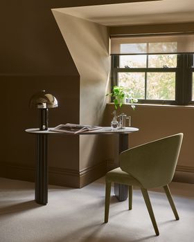 Danetti, Ethan Dining Chair In Olive Green Velvet, £199, Hanne Console Table In White Ceramic, £399 And Louis Table Lamp In Black Marble And Chrome, £89