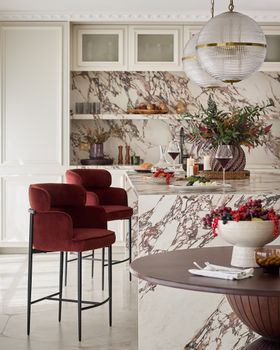 Danetti, Felix Bar Stool In Toffee Red Velvet, £249 Each And Malin Dining Table, £799