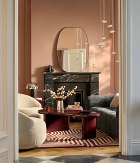 Danetti Hayes 3 seater sofa, £1,499, Daphne accent chair, £379, Carmela coffee table, £429, Odense large wall mirror, £419, Nina adjustable 10 pendant, £349, Louis table lamp, £89 and Abstract Swirl large rug, £579