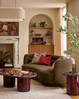 Danetti, Henry Olive Green Velvet 3 Seater Sofa, £1,499 And Carlotta Red Calacatta With Plum Gloss Coffee Table, £499 (2)