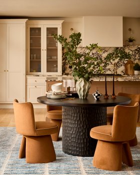 Danetti, Jenna Caramel Fabric Swivel Dining Chair £179 Each And Knox Black Wood Round Dining Table, £799