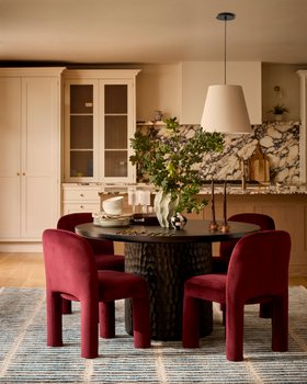 Danetti, Mason Plum Velvet Dining Chair, £299, Set Of 2 And Knox Black Wood Round Dining Table, £799
