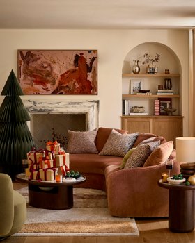 Danetti, Ottilie Apricot Chenille Orner Chaise Sofa £1,999 And Rayna Toronto Marble Dark Wood Coffee Table, £549