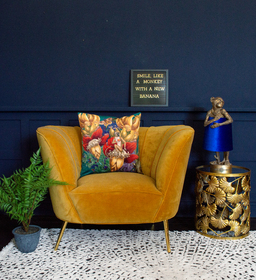 Monkey Table Lamp with Blue Velvet Shade £122. The Curvarella Chair £785. Ginkgo Leaf Table £109. Tropical Monkey Velvet Cushion £39.95.