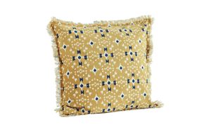 Printed cushion cover mustard with fringe