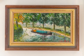 Barge on the river oil painting