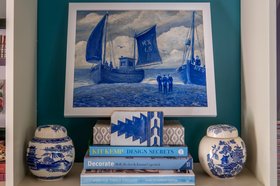 Cobalt blue vintage painting of boats