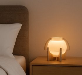 Lampe à poser, Ergo 250, sable, base chêne, Ø25cm, H20cm-Lyfa