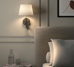 laiton naturel avec abat-jour French Drum 220 en tissu blanc, E27 + LED, 2700K, 71lm, L22cm, H37,3cm - Astro