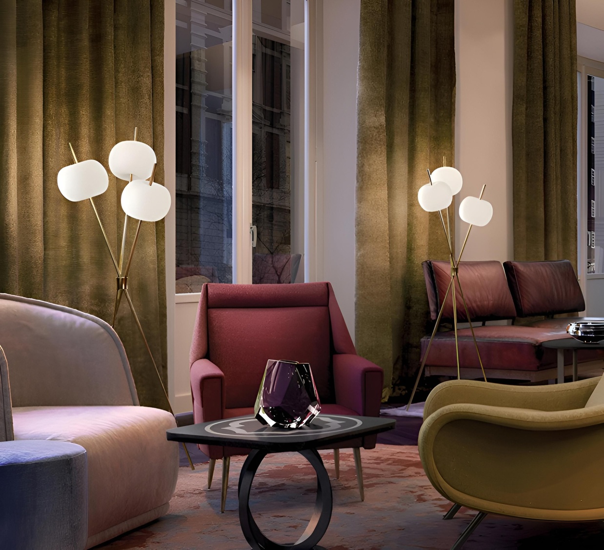 Lampadaire, Kushi, blanc et laiton, LED, 2700K, 1900lm, Ø56cm, H140cm - KDLN