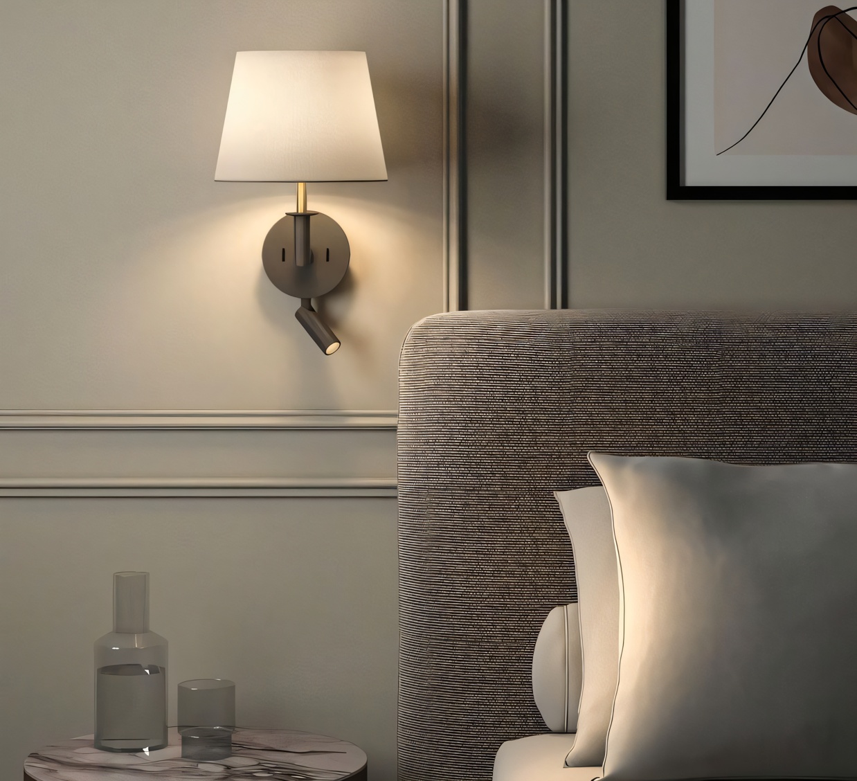 laiton naturel avec abat-jour French Drum 220 en tissu blanc, E27 + LED, 2700K, 71lm, L22cm, H37,3cm - Astro