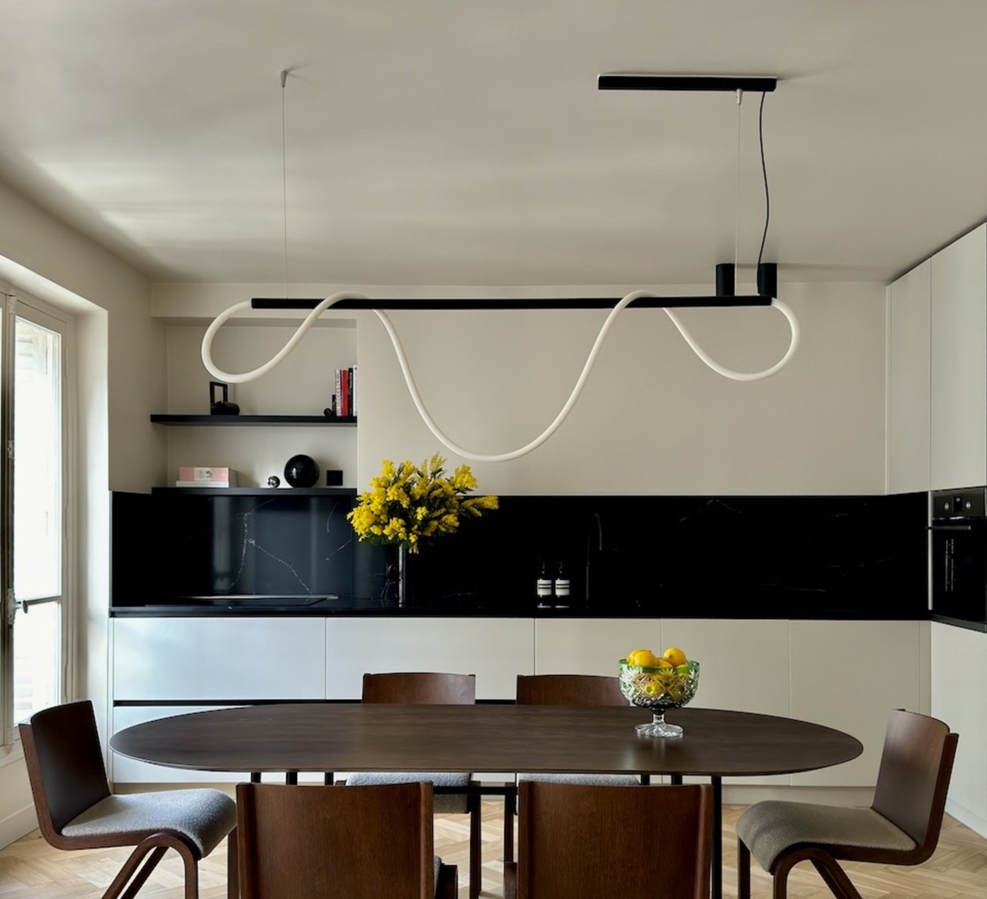 Suspension, Kaa Line, Tube noir de 1m, Tube LED de 1,5m, noir, IP40, LED, 2700K, 1950 lm, L100cm, H3cm - Beneito Faure