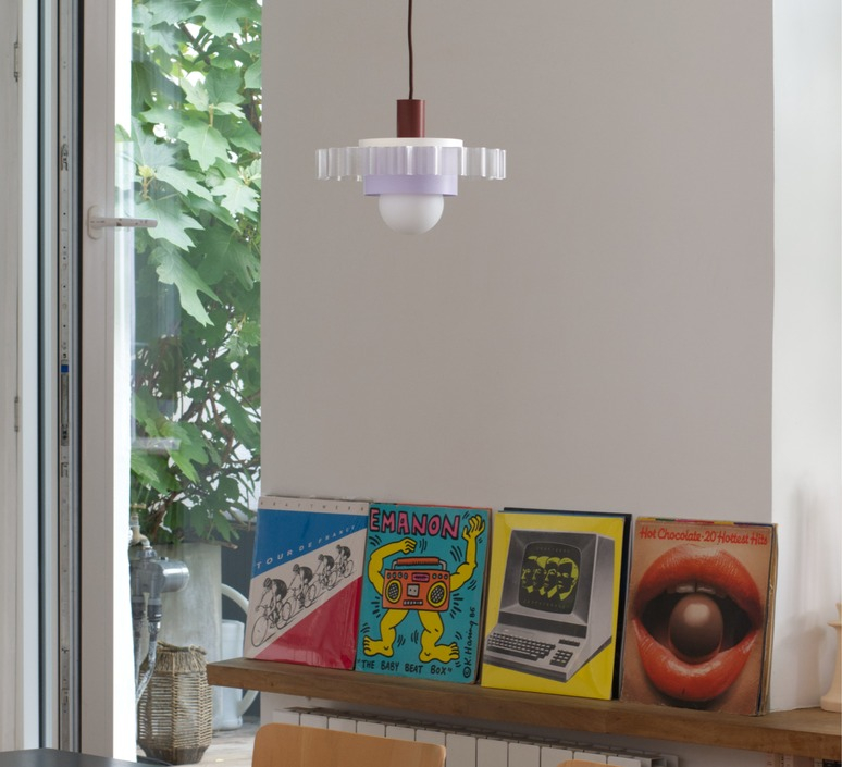 Suspension, Gigi n°3, câble marron, blanc, lilas, Ø28cm, H14,5cm - Warren & Laetitia