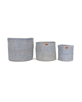 SIMA: Powder Blue and Natural Pinstripe Round Sisal Basket S£27 M£37 L£57