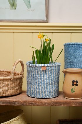 SIMA: Powder Blue and Natural Pinstripe Round Sisal Basket S£27 M£37 L£57