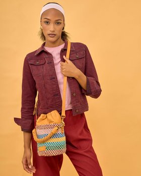 CHEKA: Multi-Coloured Checked Striped Sisal Bucket Bag
