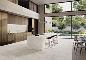 Pavimento bianco effetto marmo per cucina Michelangelo white