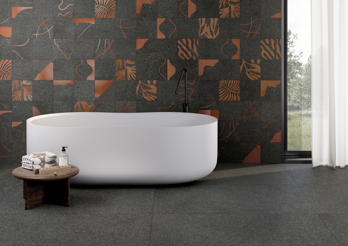 Rivestimento bagno Keope Pietra Lavica Anthracite decoro Vulcano