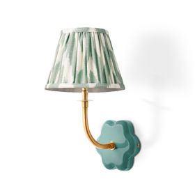 Pooky, Primrose Wall Fitting In Turquoise Lacquered Wood With 20cm Empire Gathered Lampshade In Eau De Nil Printed Linen Ikat, £106.50