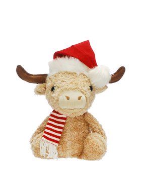 Plush Sitting Highland Cow In Red Hat 35cm