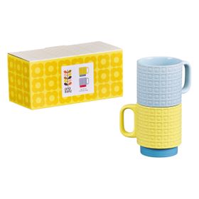 Orla Kiely Set of 2 Yellow & Blue Pressed Flower Stacking Mugs 