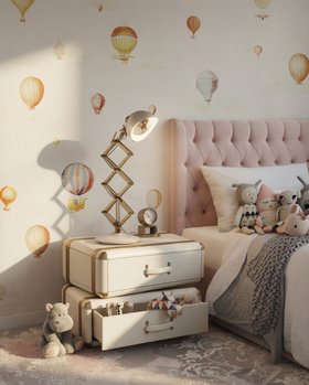 Kids Bedroom | cosy bedding area in neutral tones with Fantasy Air nightstand for storage, retro table lamp, and wallpaper