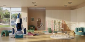 Playroom | colourful play area for kids to have fun with the klein blue Rocky Rocket, the green and pink Bubble Gum gym, Illusion activity table, Bubble Gum wall mirror, and wood flooring