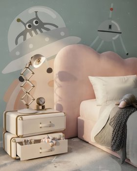 Kids Bedroom | cosy bedding area with Fantasy Air nightstand for storage, Cloud blush pink bed, spatial wallpaper, and retro table lamp