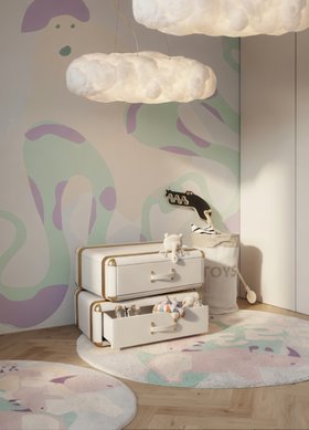Kids Bedroom | cosy bedding area with Fantasy Air nightstand for storage, Cloud pendant lamp, The Rhino´s Troupe round rug, basket, animal themed wallpaper, and wood flooring