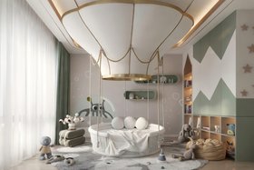 Nursery | cosy nursery in luxury style with Fantasy Air Balloon bed, Cloud mint green shelf for storage, Little Cloud nightstand, wallpaper, and curtain