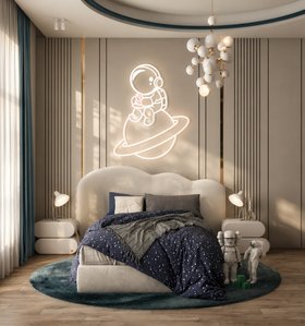 Space Inspired Bedroom by Cozy Studio | cosy bedding area in blue and grey tones with Cloud bed, Little Cloud nightstand for storage, Diana table lamp, Moon rug, Atomic suspension lamp, neon wall light, wall panel, curtain, and wood flooring