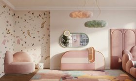 Kids Bedroom | cosy vanity and reading corner area in blush pink and mint green tones with Bubble Gum chest of drawers for storage, Bubble Gum wall mirror, Cloud pendant lamp, Rainbow corner sofa, and floral wallpaper