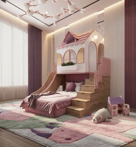 Kids Bedroom | cosy bedding area with Dolly pink playhouse, The Rhino´s Troupe rug, storage compartments, and curtain