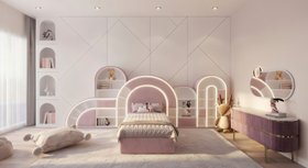Kids Bedroom | pink paint bedding area for kids with Bubble Gum bed, multiple storage compartments, Bubble Gum wall mirror, Edith purple cabinet, and cosy rug