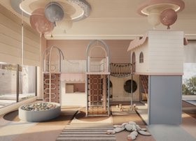 Playroom | kids have a great time at this funny play area in shades of blush pink and sky blue with the Magical Market playground, ball pool, and geometric mid-century rug