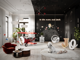 The Little Prince Bedroom by Homely Home | dark paint kids bedroom with kids wallpaper, the red Sky B Plane bed, Cloud white rug, and wood flooring