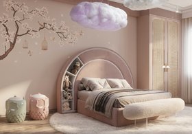 Kids Bedroom | blush pink paint bedding area with Bubble Gum bed for storage, Hoot stool, Cloud cosy bench, Cloud pendant lamp, Cloud rug, floral wallpaper, closet, and wood flooring