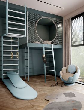 Playroom | blue paint play area for kids with Dolly monkey bars and Lotus armchair
