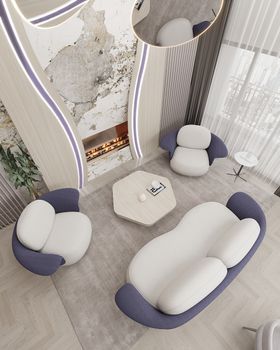 Living Room | cozy living room decor in white and purple tones with Lewis two seat sofa, armchair, neutral rug, and fireplace