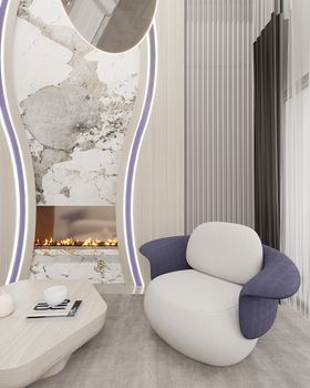 Living Room | Lewis curvy armchair in white and purple tones with a fireplace near by