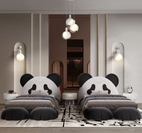 Kids Bedroom | black and white bedding area with Po animal inspired bed, Periwinkle suspension lamp, wall lamp, wall mirror, Cloud nightstand, and cosy rug