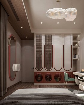 The Tropical Hideaway | Bubble Gum Big red wall mirror, Cloud lamp, bedroom closet, bookcase for storage, deep green desk chair, and wood flooring seen from the kids bedding area