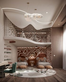 The Tropical Hideaway | brown and white paint kids bedding area with Baloo orange bed, The Elephant´s Spell round rug, Cloud lamp, marble bedside table, retro pendant lamp, deep green desk chair, staircase, and wood flooring