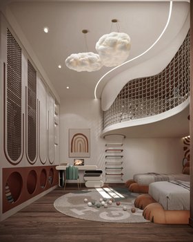 The Tropical Hideaway | kids study area with The Elephant´s Spell round rug, Cloud lamp, Dream desk for storage, deep green desk chair, wall art, staircase, and wood flooring