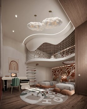 The Tropical Hideaway | brown and white paint kids bedding area with Baloo orange bed, The Elephant´s Spell round rug, Cloud lamp, Dream desk for storage, deep green desk chair, wall art, staircase, and wood flooring