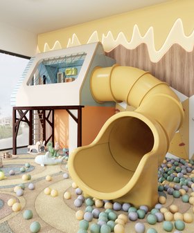 The Family Fun Club | let your kids have fun in this colorful playroom with the Mogli yellow slide and its playhouse